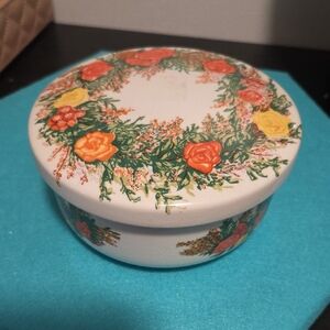 Floral Ceramic Trinket Box - Orange & Yellow Roses Filled With Jewelry